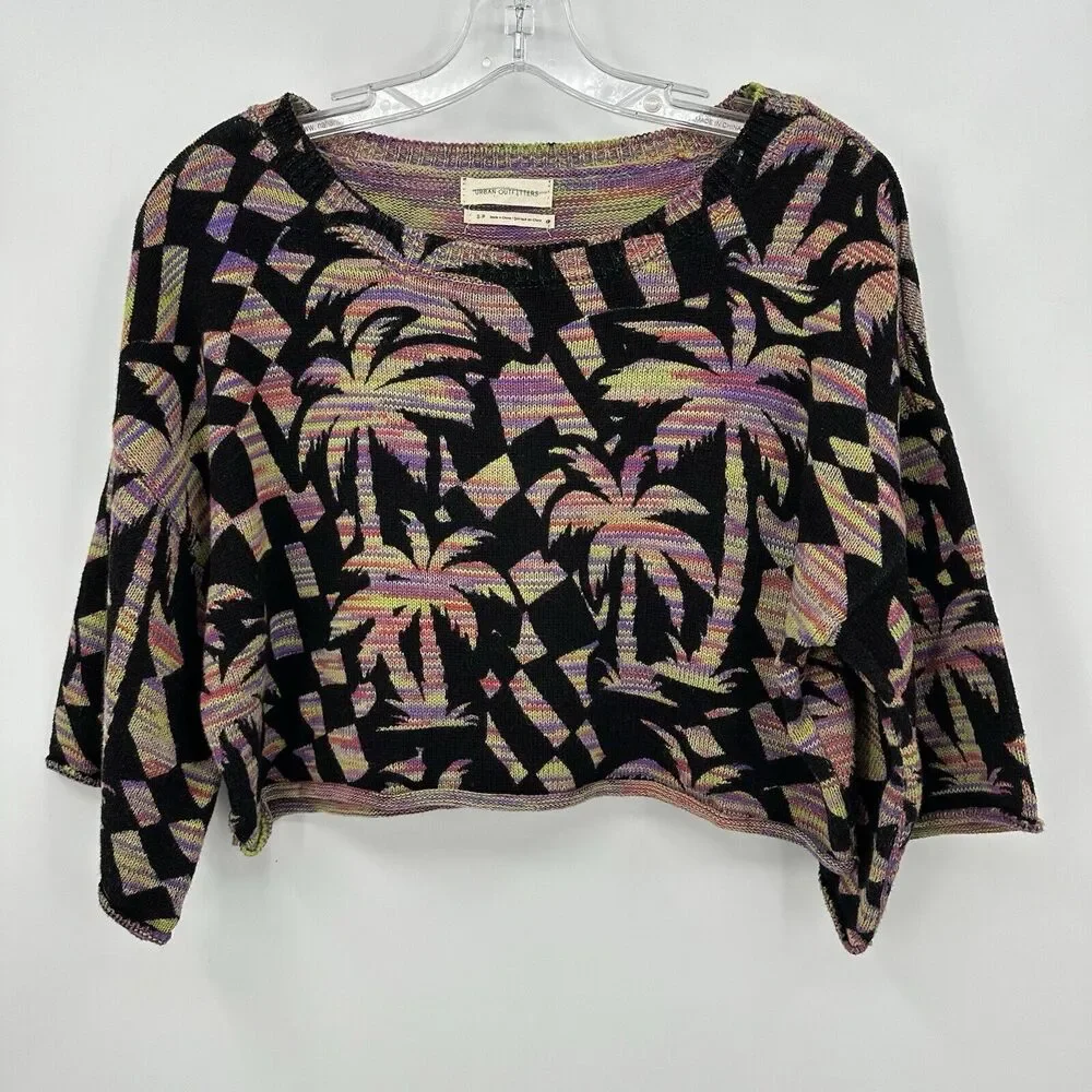 Urban Outfitters Women Cropped Sweater S Palm Tree Boxy Tropical Retro Y2K Artsy - Picture 1 of 5